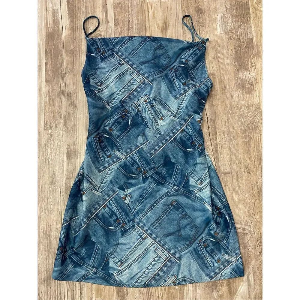 Urban Outfitters Mallory Blue Denim Print Mini Dress Sz M